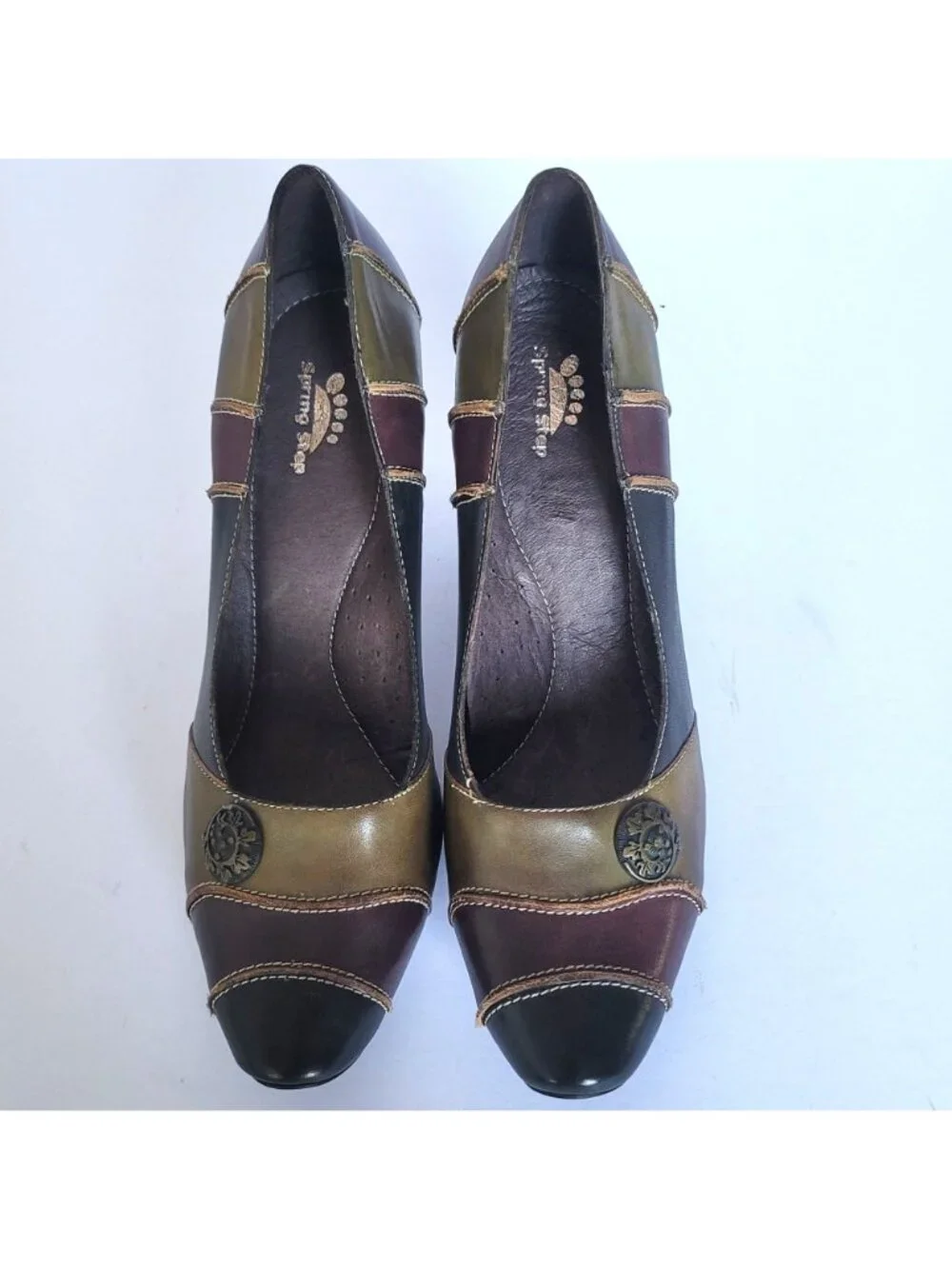 Spring Step 9 Colorblock Leather Patchwork Pumps Heel Artsy 90s Y2K Boho Indie